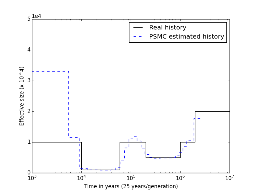 Inferred and true demographic histories for the simulated example